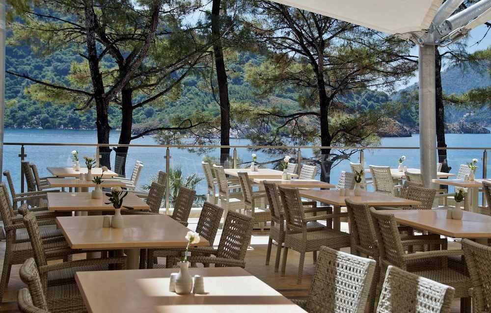 Terrasse avec tables et chaises, lac et arbres en arrière-plan Terrasse avec tables et chaises, lac et arbres en arrière-plan