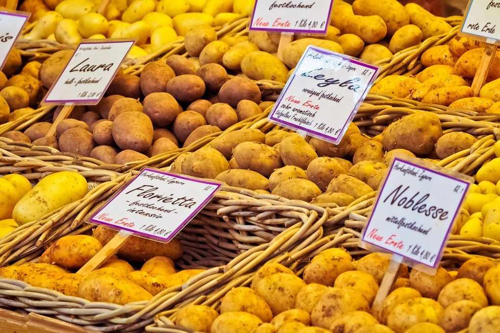 Paniers de pommes de terre avec étiquettes, marché Paniers de pommes de terre avec étiquettes, marché